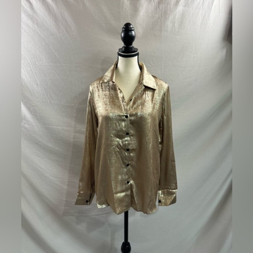 Gold Button Down Blouse Shirt - Picture 6 of 9